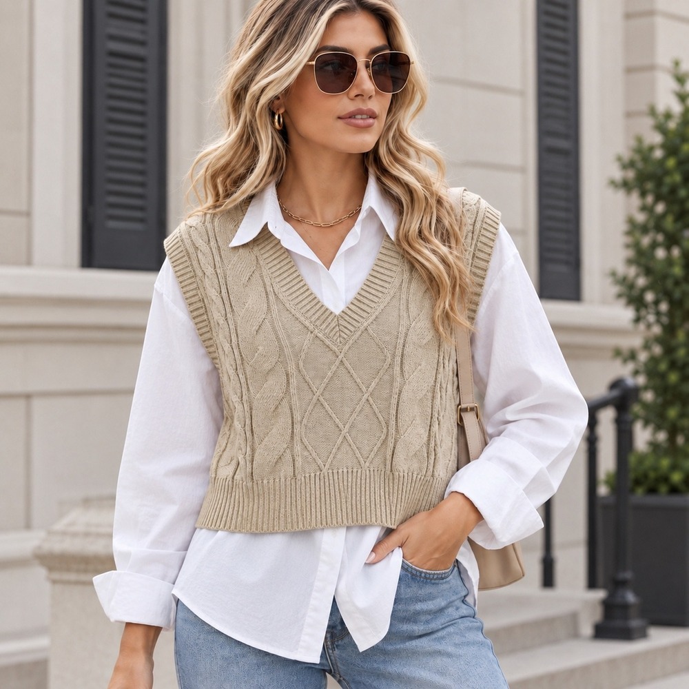 Sincerely Jules Cable Knit Sweater Vest Beige Size Small V-Neck Preppy Capsule